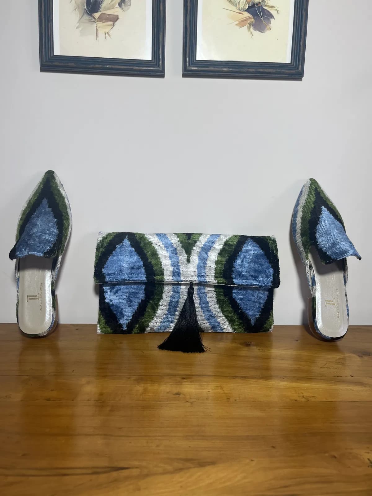 Diamond Set — mules azul y verde y negro y blanco artesanal de Lucía Lacunza