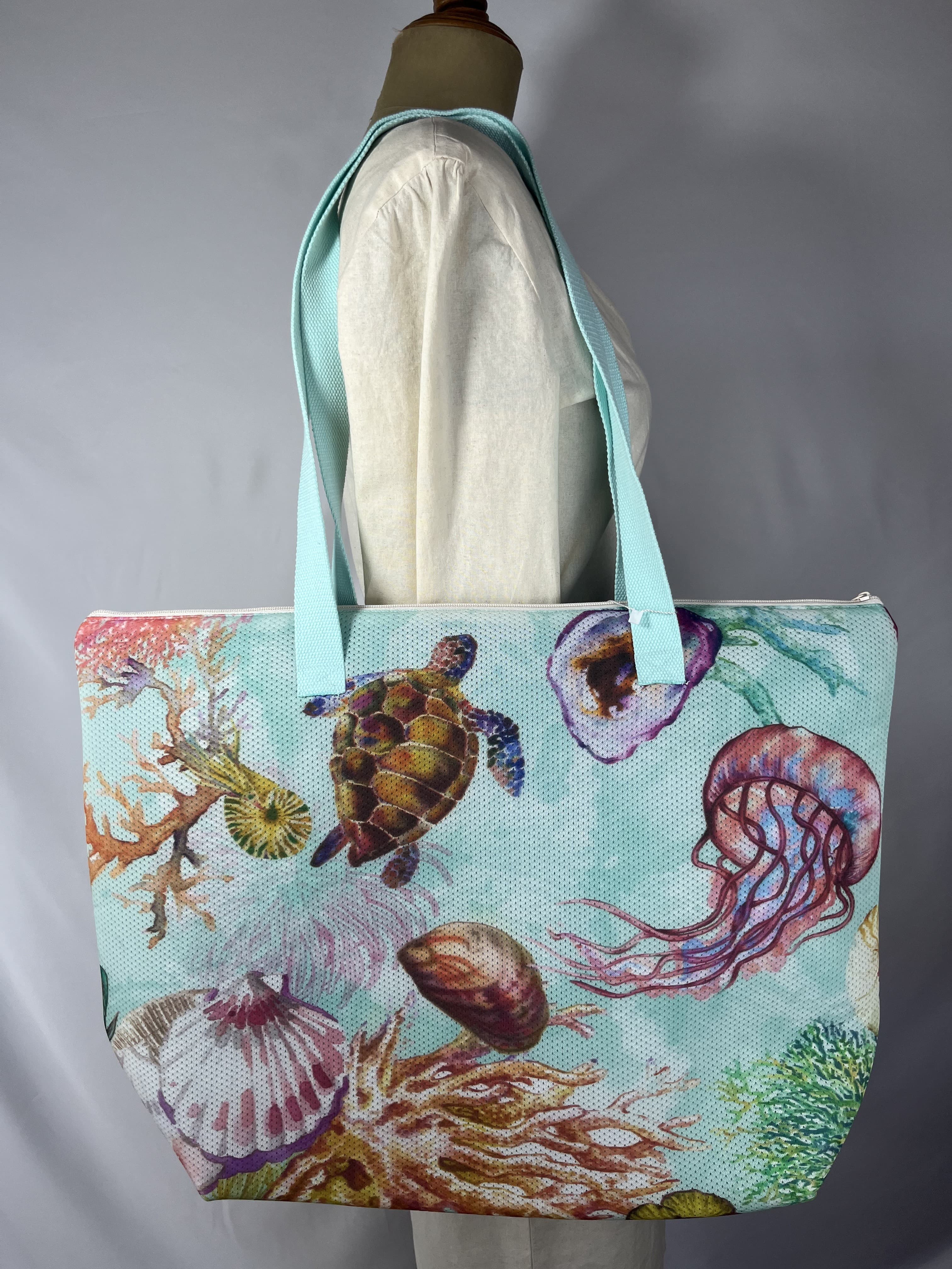 Mar de coral — bolso azul verdoso y marrón y morado y amarillo artesanal de Lucía Lacunza · vista 3