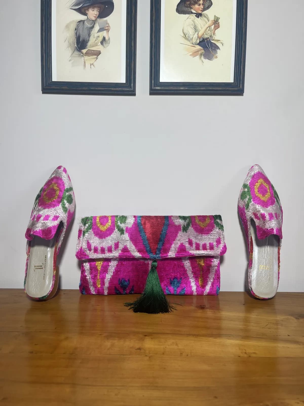 Mach me — mules rosa y verde y amarillo y blanco artesanal de Lucía Lacunza
