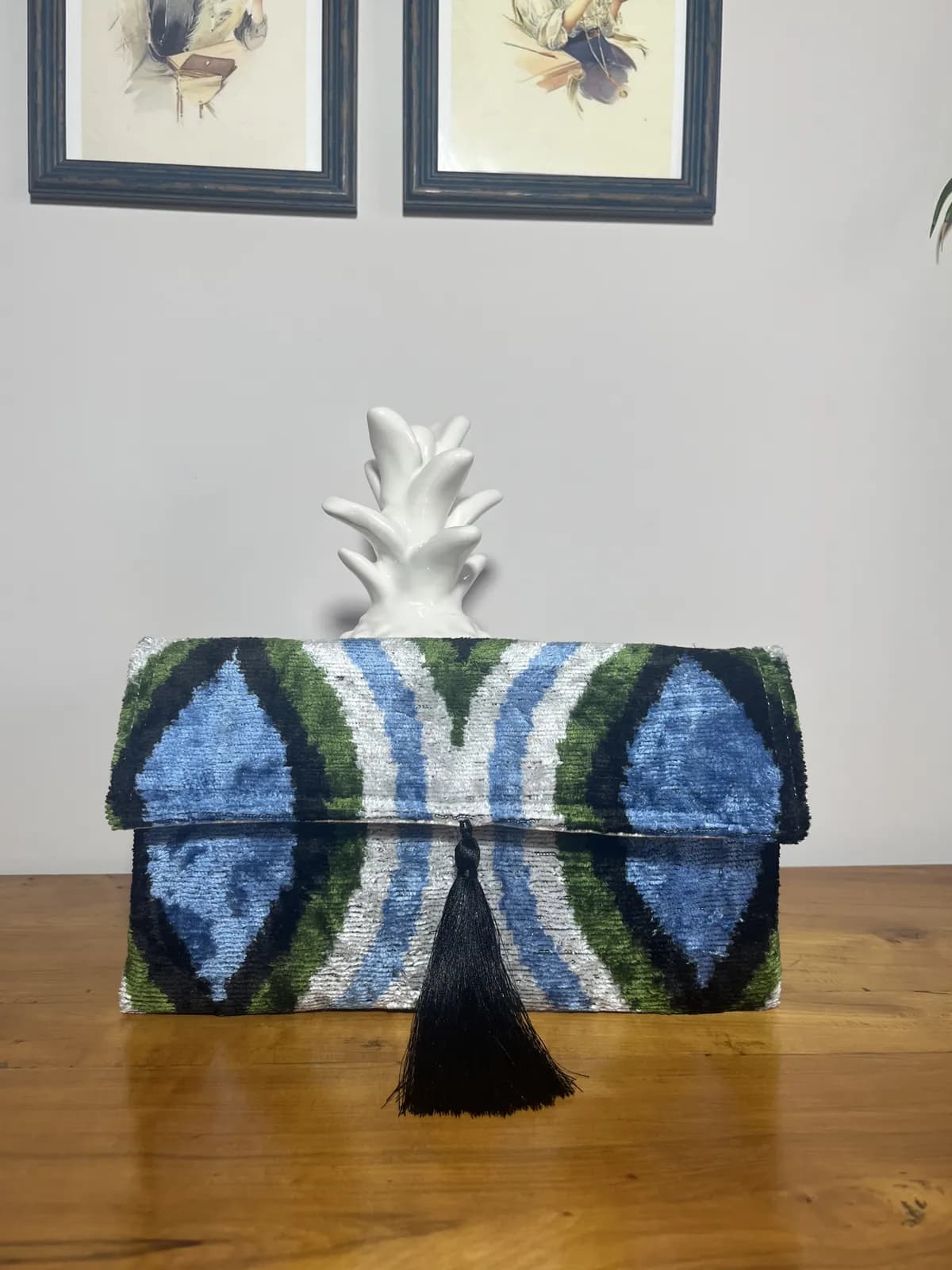 Blend — cartera azul y verde y negro y blanco artesanal de Lucía Lacunza