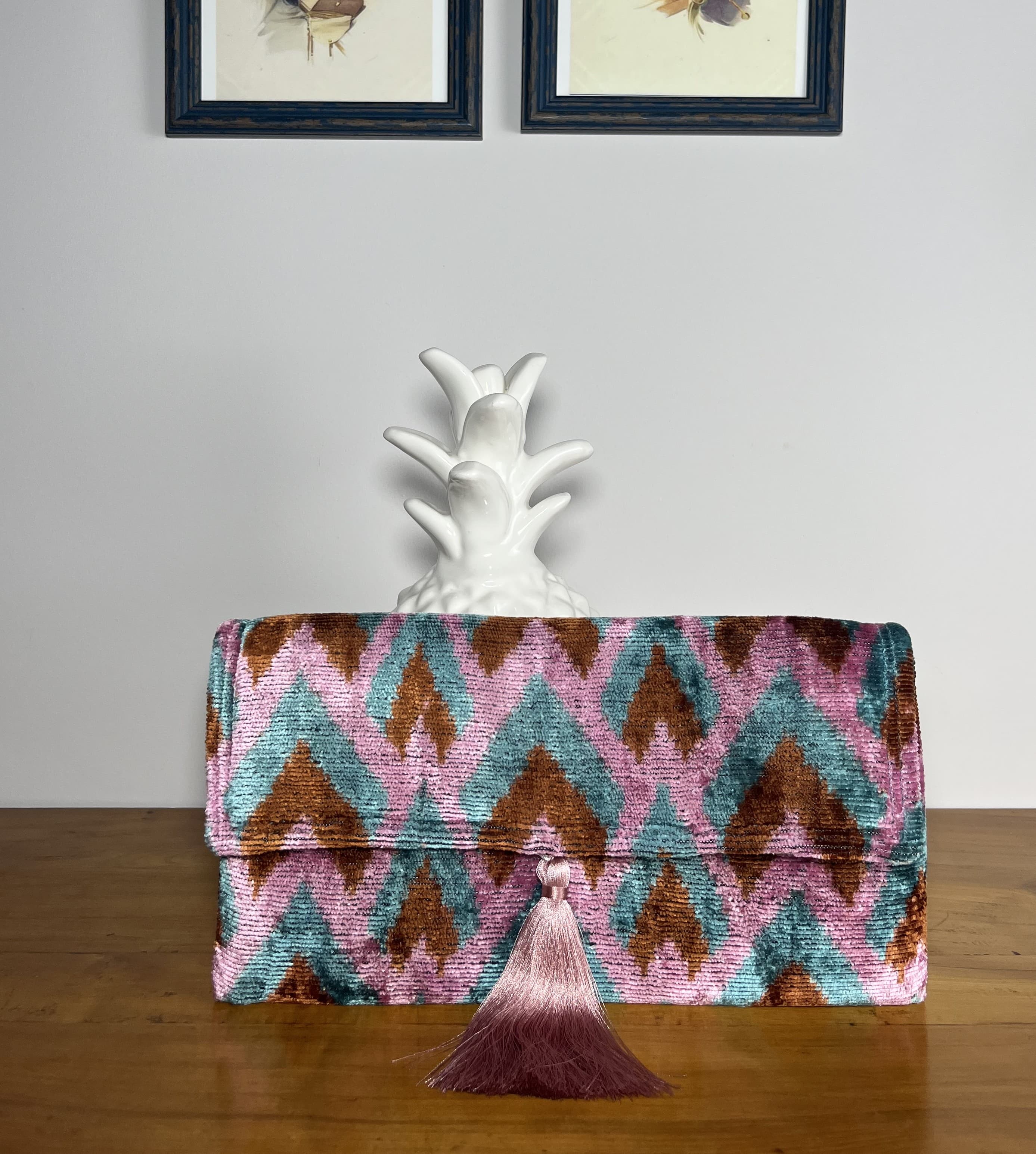 Duna Rosa — cartera azul y rosa y marron artesanal de Lucía Lacunza